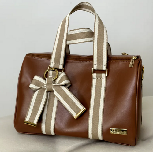 Bolsa da Mamãe - Couro Caramelo com Fitas Listradas